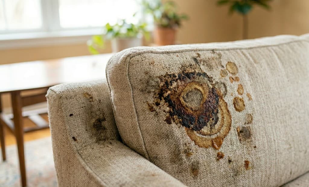 Stained fabric couch — deep cleaning service